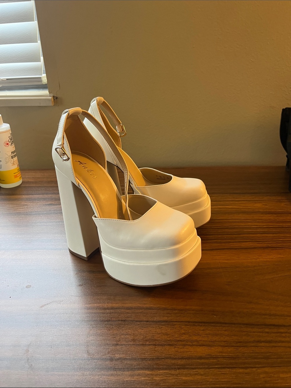 Chunky Platform Ankle-Strap Pumps in white
